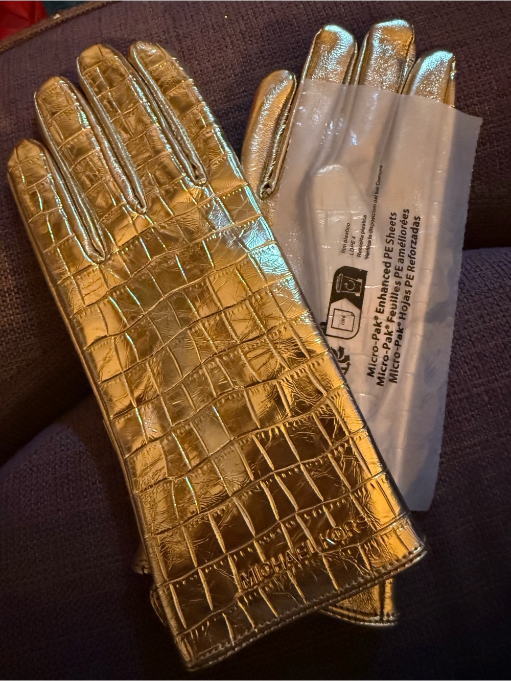 NWT Michael Kors Metallic Gold Croc-Embossed Leather Gloves